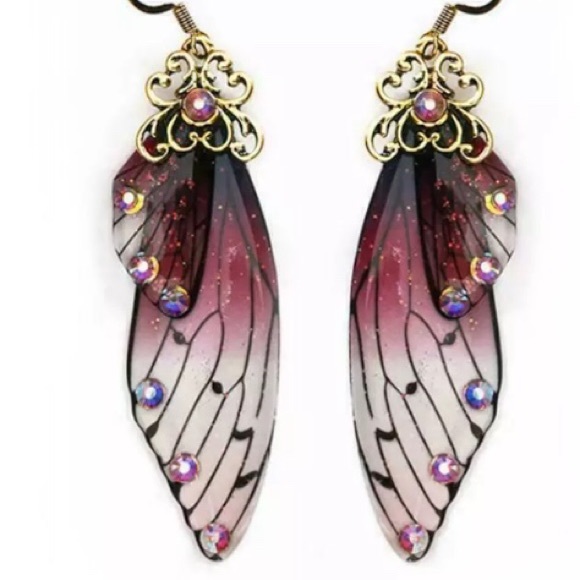 Butterfly Wing Fairy Earrings Gold Jeweled - Picture 2 of 8
